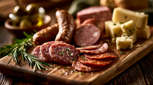 Gourmet charcuterie board featuring assorted sliced salami sausages and aged cheese cubes