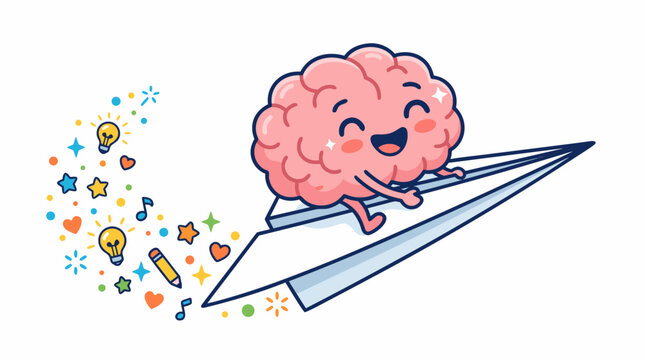 Cute cartoon brain flying high on a paper airplane leaving a trail of creative ideas. Vector illustration of imagination, free thinking, startup, and innovation.