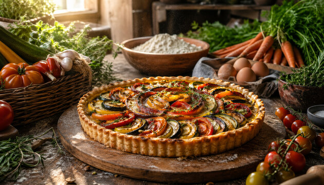 Colorful vegetable tart surrounded by fresh ingredients in kitchen