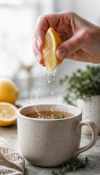 Hand squeezing lemon into steaming herbal tea cup