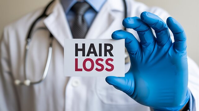 Doctor holding hair loss sign representing medical treatment concept