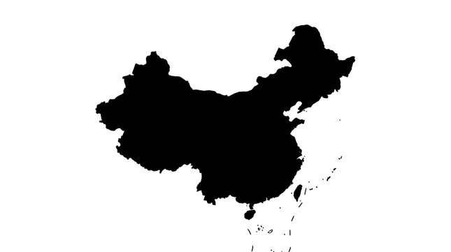 A stark black silhouette of the geographical map of China, including its mainland and disputed territories, set against a plain white background.