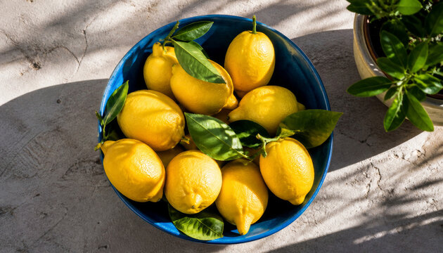 Fresh lemons in a blue bowl with green leaves
