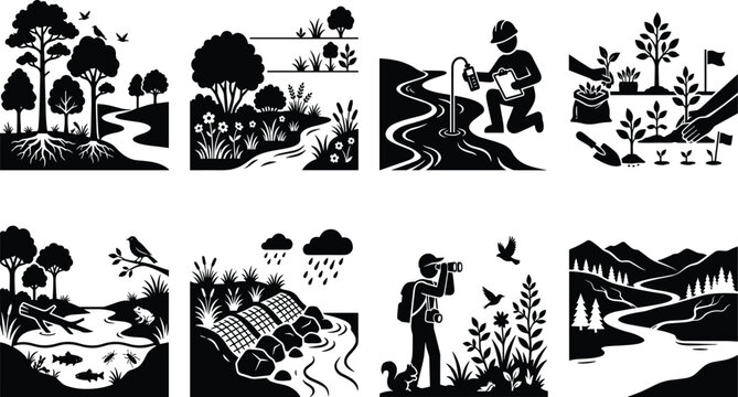 Urban rain garden and sustainable stormwater management infographic icon set black and white vector silhouette.eps,