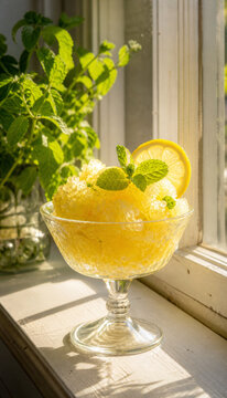 Refreshing lemon granita served with mint garnish in sunlight