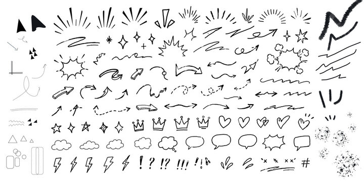 Set of hand-drawn doodle elements, arrows, crowns, speech bubbles, and abstract shapes