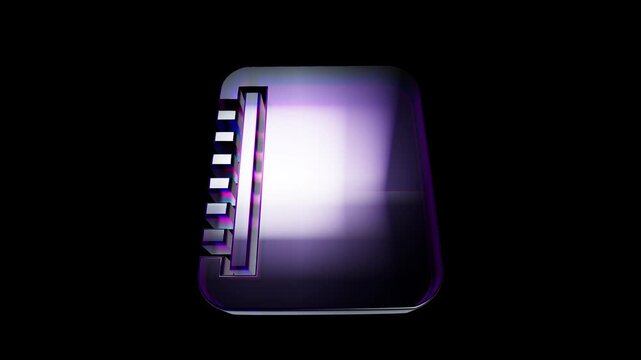 Shiny purple glass icon of a spiral notebook on a dark background 3D Icon