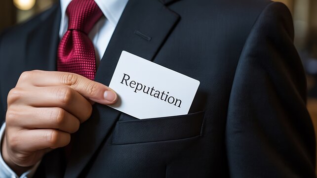 Business professional showing reputation card with corporate trust concept