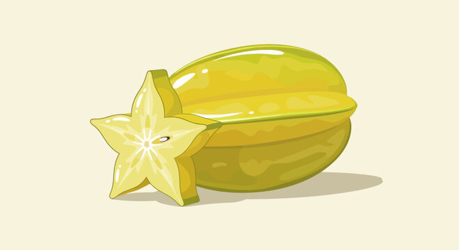 Illustration of Fresh Ripe Starfruit and Sliced Star Fruit Piece