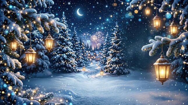 A magical winter landscape is illuminated by glowing lanterns and festive lights. Snow-covered evergreen trees line a winding path through a snowy forest.