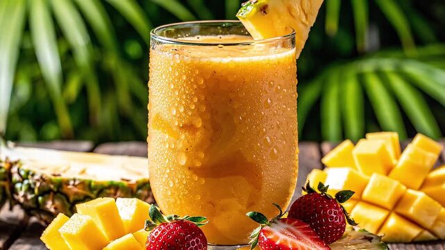 Tropical mango smoothie with fresh strawberries and pineapple