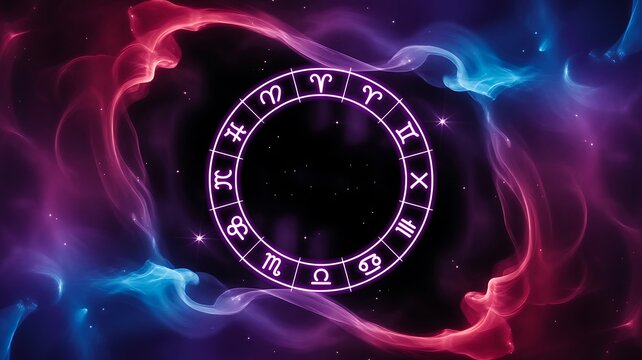 Glowing zodiac wheel with colorful cosmic galaxy astrology background