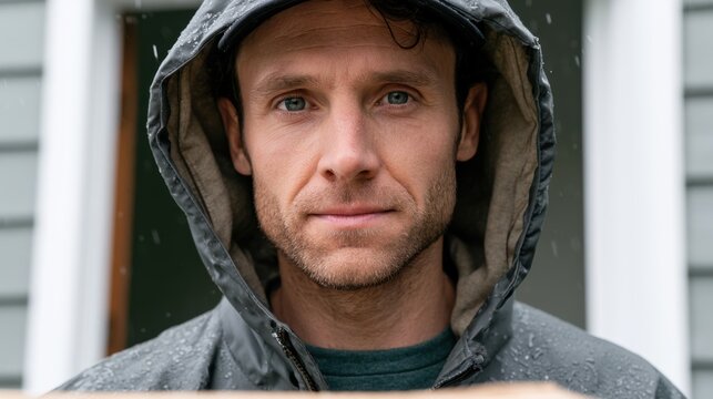 Male delivery person wearing a rain jacket stands outside a house holding a package, with rain falling and a residential building visible in the background