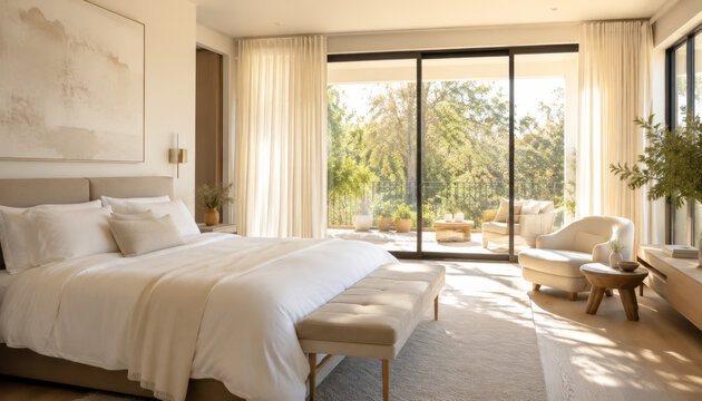 Cozy modern bedroom with large windows and natural light