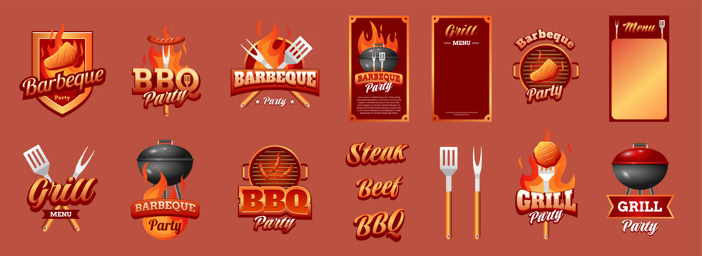 Barbecue party logos and grill menu designs with bbq tools and elements