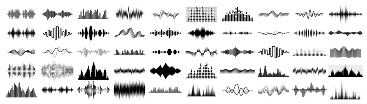 Diverse collection of black and white sound waveforms and equalizers