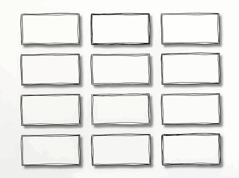 Set of twelve hand drawn rectangular frames with sketchy outlines and drop shadows for creative design