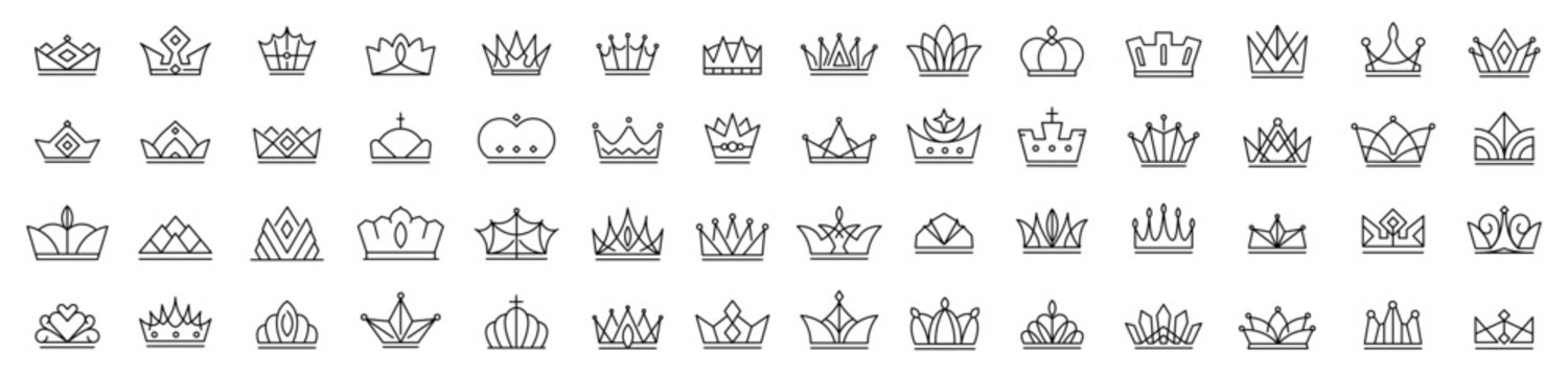 Collection of fifty unique crown icons in monochrome line art style