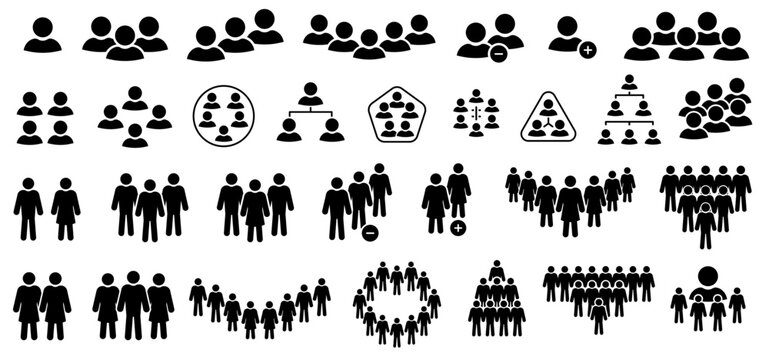 Diverse human relationship and group icon set in black silhouette