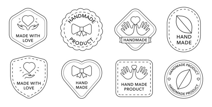 Set of handmade product labels and badges with hearts and hands in outline design