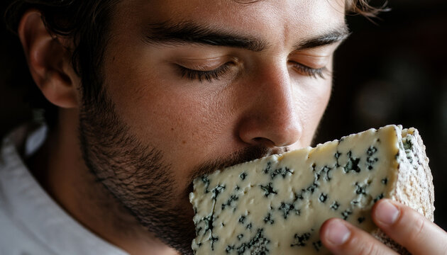 Young man enjoying a piece of flavorful blue cheese