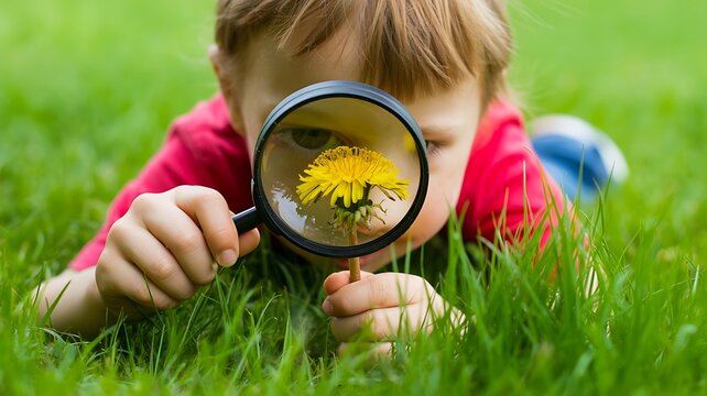 Young child exploring yellow flower with magnifying glass outdoors