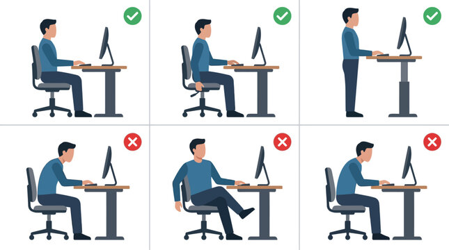 Correct and incorrect ergonomic sitting and standing positions at work