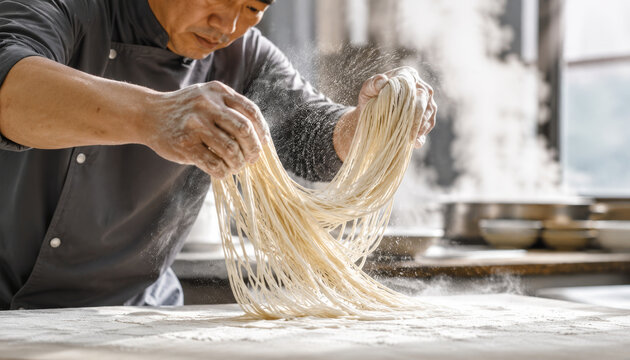 Chef preparing fresh noodles with flour in a kitchen