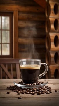 Steaming hot coffee in glass cup on rustic wooden table
