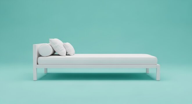 Contemporary white daybed sofa with pillows on soft teal background.