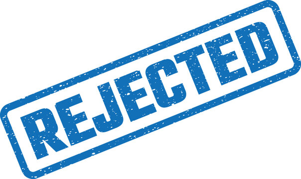 Blue rectangular stamp displaying the negative word rejected on a clean white surface symbolizing disapproval refusal or cancellation status