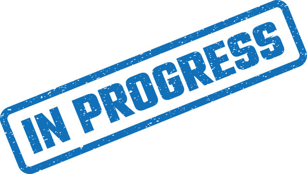 Bold blue textured rectangular rubber stamp displaying the important message in progress on a crisp white surface