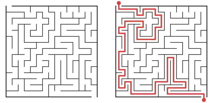 Square maze puzzle template with red solution path. Black and white labyrinth game set - Educational logic game for kids: Square labyrinth worksheet with answer key