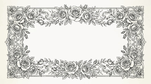 Elegant Rose Border: A classic, hand-drawn rectangular border adorned with delicate roses and swirling vine motifs, offering a timeless frame for text or design.
