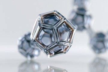 Fototapeta premium Abstract scientific atomic dodecahedron structure floating in clear liquid against a blurred background, representing molecular research.