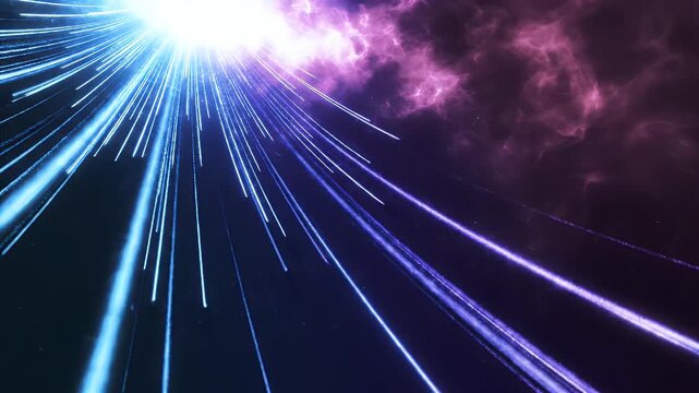 Bright blue light streaks emanate from a luminous source against a dark, nebulous purple backdrop