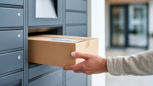 Hand placing a cardboard package into a secure mailbox unit in a modern residential area with blurred background of building entrance