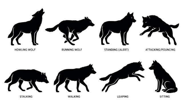 Collection of wolf silhouettes showing various poses and actions on a white background