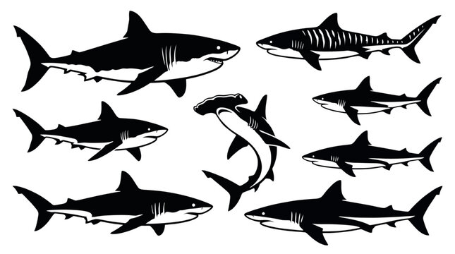 Collection of various shark silhouettes swimming in dynamic poses with stylized detail isolated on white background