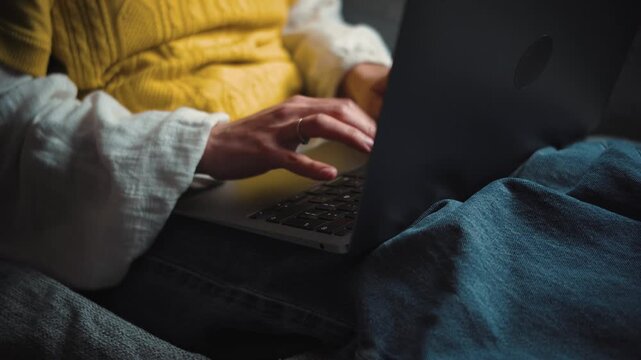 Close-up of a woman&rsquo;s hands typing on a laptop keyboard. Technology and remote work concept representing productivity, digital communication, online business and modern professional lifestyle.

