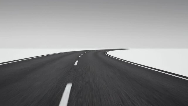 A dark, winding asphalt road with white dividing lines recedes into a bright, featureless horizon