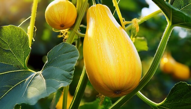 Yellow Summer Squash On Vine Bright Golden Close Up