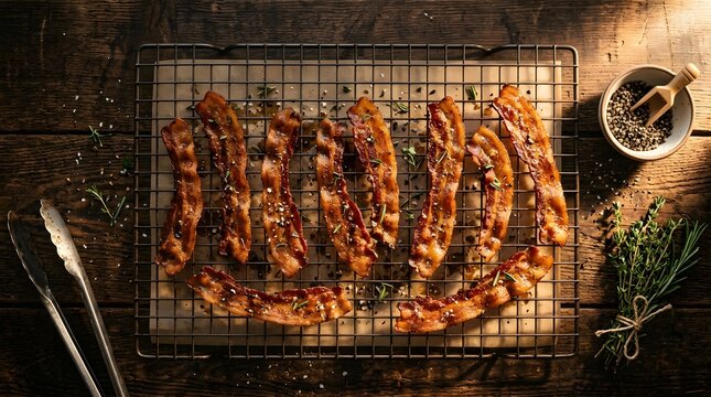 Grilled bacon strips sizzling on outdoor barbecue grill, crispy smoked pork belly cooking over charcoal flames for breakfast or bbq, perfect for national bacon lovers day