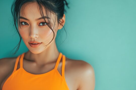 Portrait of a young woman in an orange top against a solid teal background