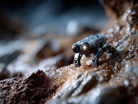 Miniature metallic robot exploring rugged brown and gray rock formations