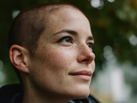 Freckled woman profile in natural outdoor setting
