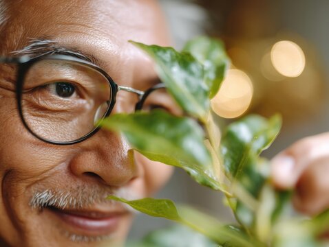 Close-up portrait of an older man examining fresh green foliage with glasses