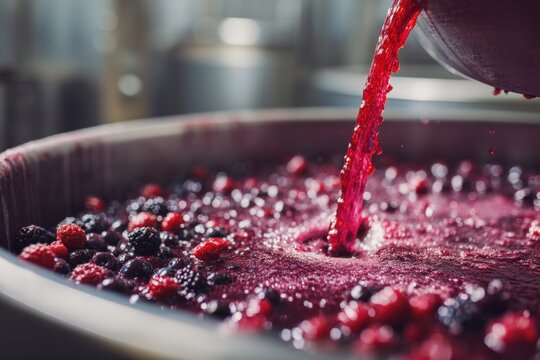 Syrup pouring over mixed berries in a shallow bowl