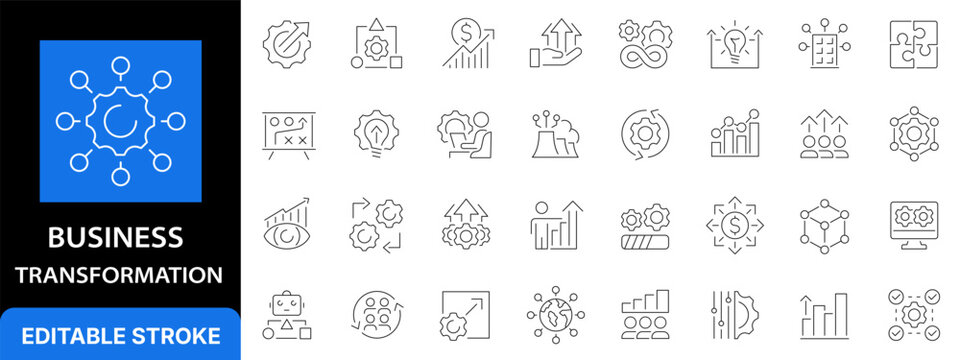 Business transformation and digital modernization line icon set. Process optimization, corporate innovation, agility development, and strategic growth outline symbols. Editable stroke.