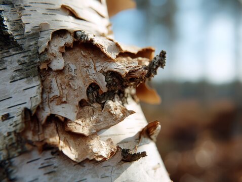 Close-up view of peeling birch bark revealing natural layers